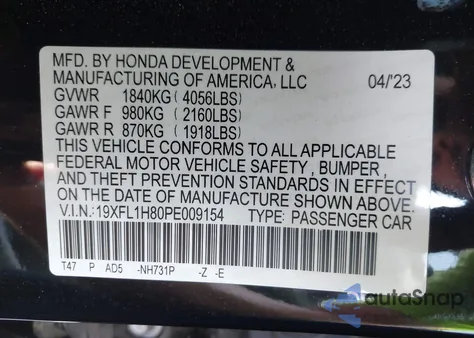 2023 Honda Civic Sport Touring z USA, uszkodzony, nr VIN 19XFL1H80PE009154